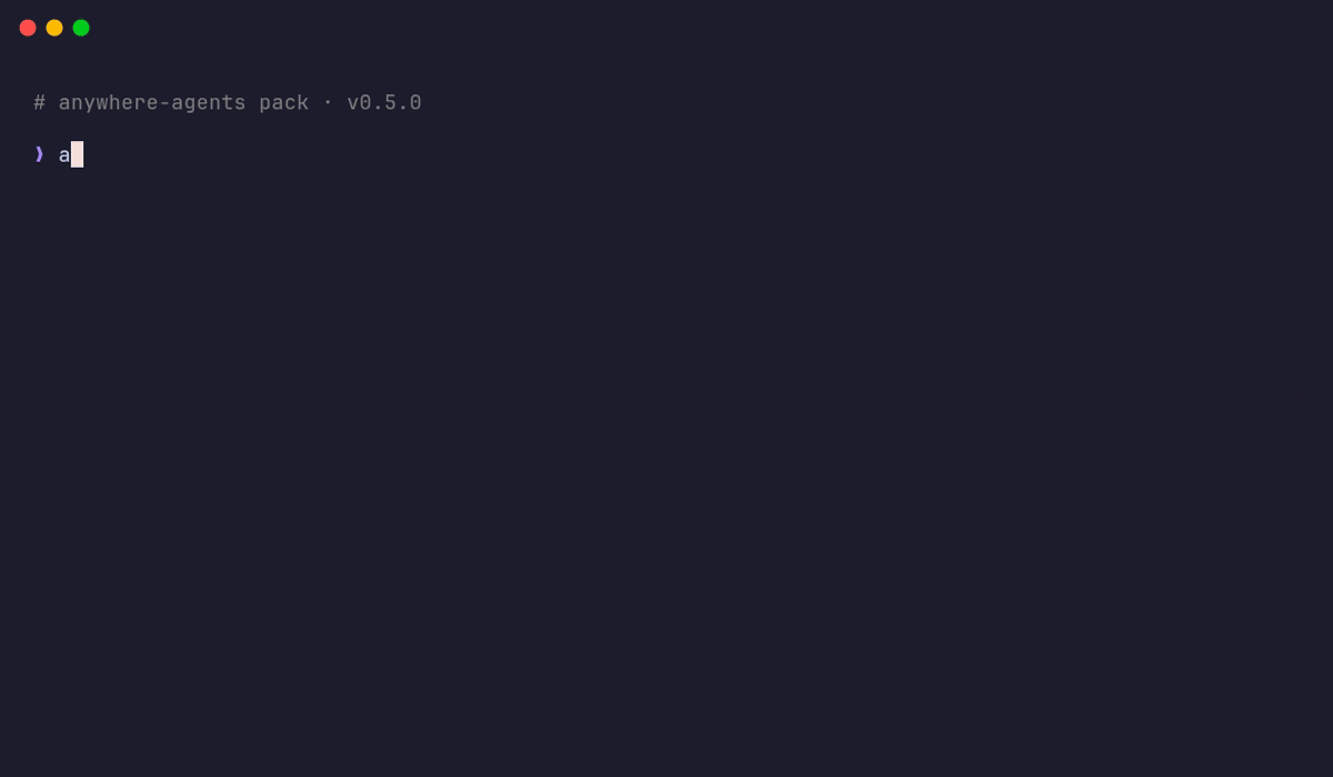 anywhere-agents pack CLI demo: list (empty), add with --ref, list again, remove, list again